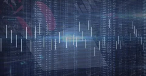 Image of graph and data processing with blue light on black background Stock Photos