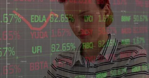 Image of graph and financial data processing over caucasian woman using laptop Stock Photos