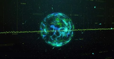 Image of graph and globe over loading circles and bars with graphs on black Stock Photos