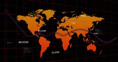 Image of graph and grid pattern over map with numbers against black background Stock Photos
