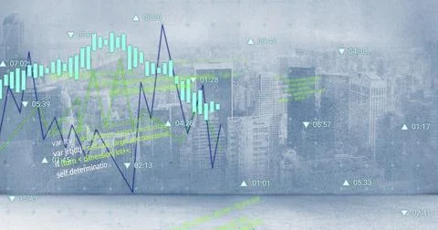 Image of graph and processing data over cloudy cityscape Stock Photos