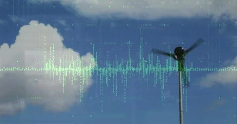 Image of graph and processing data over wind turbine against cloudy blue sky Stock Photos