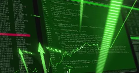 Image of graph with arrows over data processing on black background Stock Photos