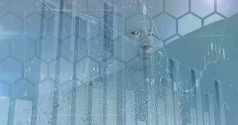 Image of graph, binary code, midsection of digital human, low angle view of sky Stock Illustration