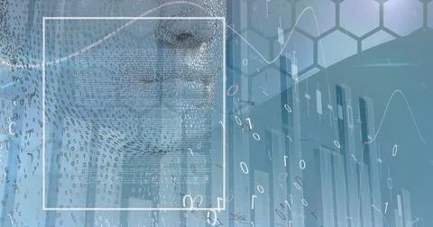 Image of graph, binary code, midsection of digital human, low angle view of sky 写真素材