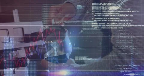 Image of graph, binary codes, computer language over cropped hand of barista Stock Illustration