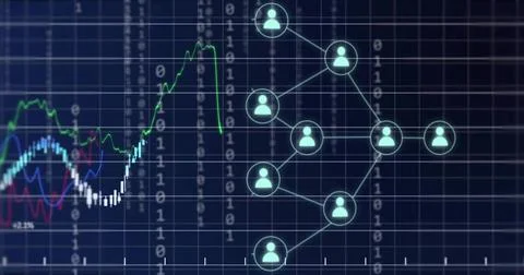 Image of graph, binary data processing with networks of people icons on black 写真素材