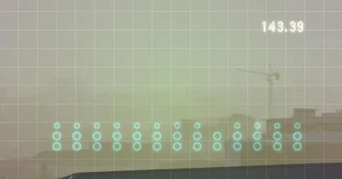 Image of graph, changing number and grid pattern over fog covered buildings Stock Photos