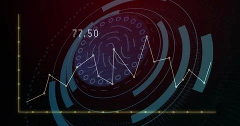 Image of graph with changing numbers and fingerprint in loading circles over Ilustración de archivo