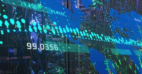 Image of graph, changing numbers and computer language over server rack in .. Foto stock