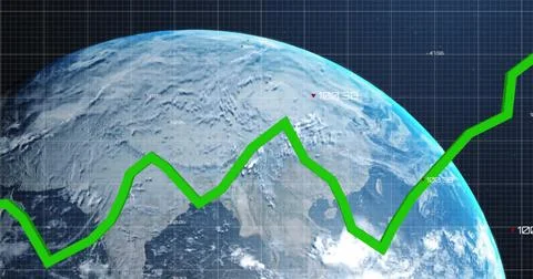 Image of graph with changing numbers and grid pattern over rotating globe Foto stock