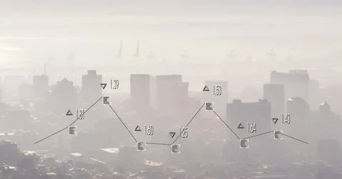 Image of graph with changing numbers and viewfinders over modern cityscape Stock Photos