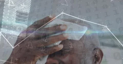 Image of graph, changing numbers, binary codes, african american bald man wiping Stock Photos