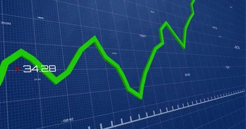 Image of graph with changing numbers over grid pattern against blue backgroun Foto stock