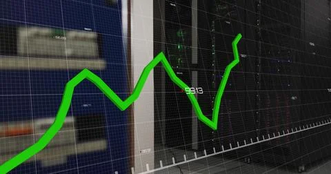 Image of graph with changing numbers over illuminated data server systems i.. Stock Photos