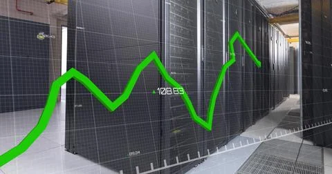 Image of graph with changing numbers over illuminated data server racks in .. 写真素材