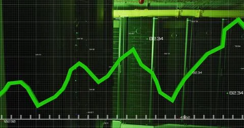 Image of graph with changing numbers over illuminated data server racks in .. Foto stock