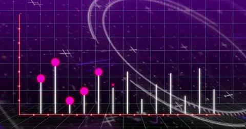 Image of graph, circles, glitch technique and programming language over gri.. Illustrazione stock