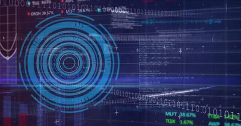 Image of graph, circles, trading board, binary codes and computer language over Stock Photos