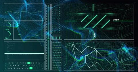 Image of graph, computer language, loading circles, navigation pattern over.. Stock Photos
