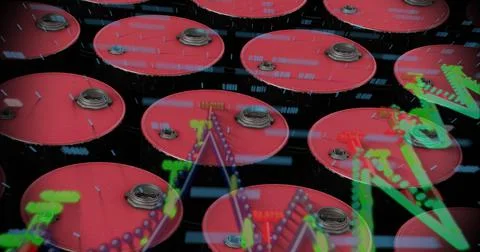 Image of graph with data processing over barrels on black background Stock Illustration