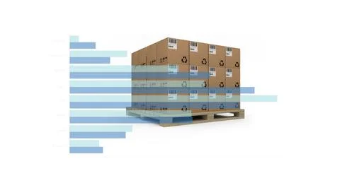 Image of graph with data processing over boxes on white background Illustrazione stock