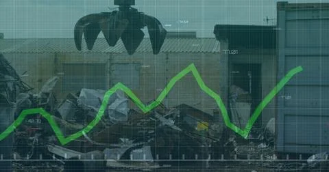 Image of graph with data processing over grid and landfill site Stock Illustration