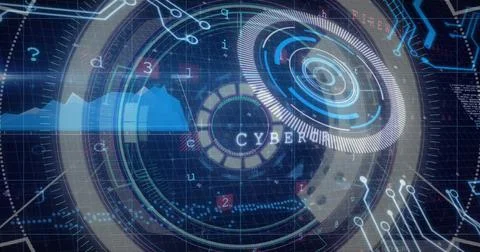 Image of graph data scanning with hud, circles on digital interface Foto stock