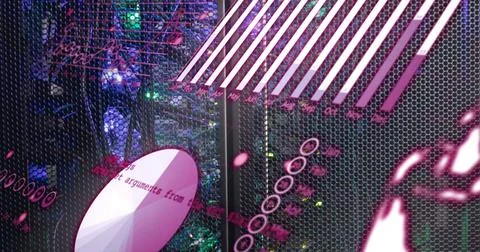 Image of graph, globe and computer language over illuminated data server syst Stock Photos