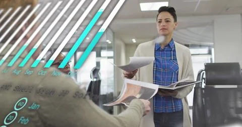 Image of graph, globe and computer language over diverse coworkers sharing .. Stock Photos