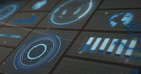 Image of graph, globe, loading circles with lens flares against abstract Stock Photos