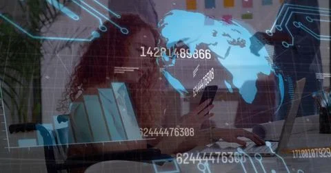Image of graph, globe, number, coding over caucasian businesswoman using Stock Photos
