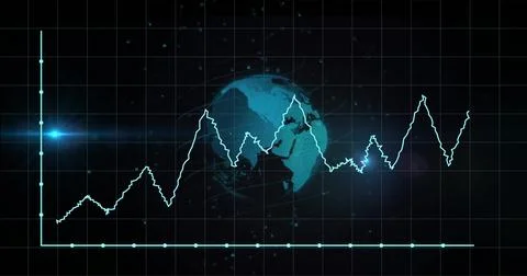 Image of graph, grid pattern, lens flares and rotating globe over black bac.. Stock Photos