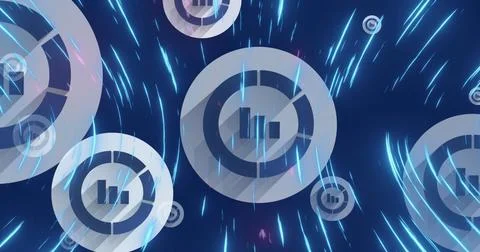 Image of graph icon in circles over lines forming circular pattern against black Stock Illustration