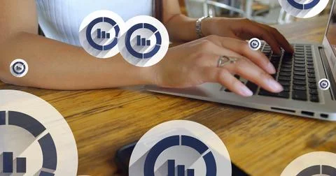 Image of graph icon in circles over midsection of caucasian woman working on Stock Photos