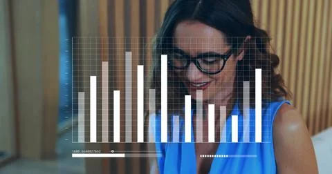 Image of graph, loading bars over smiling biracial woman typing on keyboard of Stock Illustration