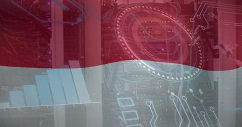 Image of graph, loading circles and circuit board pattern over indonesian f.. Stock Photos