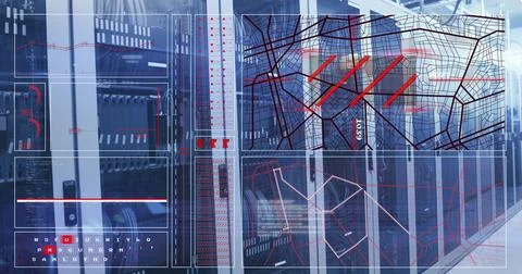 Image of graph, loading circles, navigation pattern and keyboard over server Stock Photos