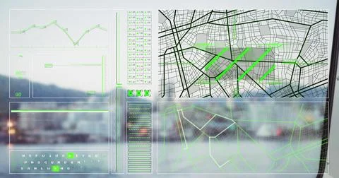 Image of graph, loading circles, navigation pattern over modern cityscape a.. Stock Photos