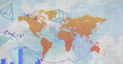 Image of graph, mathematical equation and diagrams with map over white Stock Photos