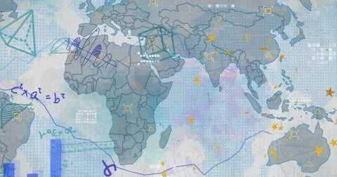 Image of graph, mathematical equations and diagrams over map against abstract Stock Photos