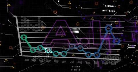 Image of graph over ai text with geometric shapes over black background Stock Photos