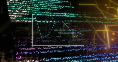 Image of graph over computer language against illuminated map interface in 스톡 사진