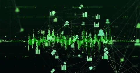 Image of graph over connected icons forming globe against black background Stock Illustration