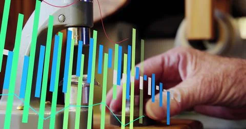 Image of graph over cropped hands of caucasian man using equipment to repair Stock Photos