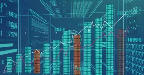 Image of graph over data processing on blue background Stock Photos
