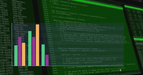 Image of graph over data processing on black background 写真素材