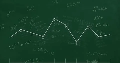 Image of graph over mathematical equations on black background Foto stock