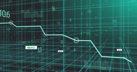 Image of graph over numbers and icon in message boxes with changing numbers.. Stock Photos