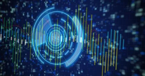 Image of graph over scope scanning with data processing and moving columns Illustrazione stock